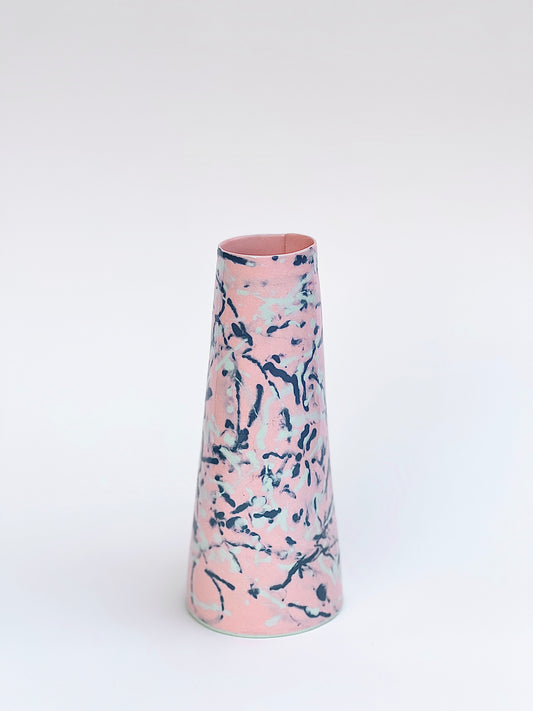 Conical vases - colored drops  pale green, dark green on pink background