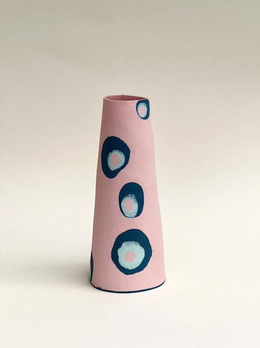 Conical vase - Colored circles  pale green, dark green on pink background