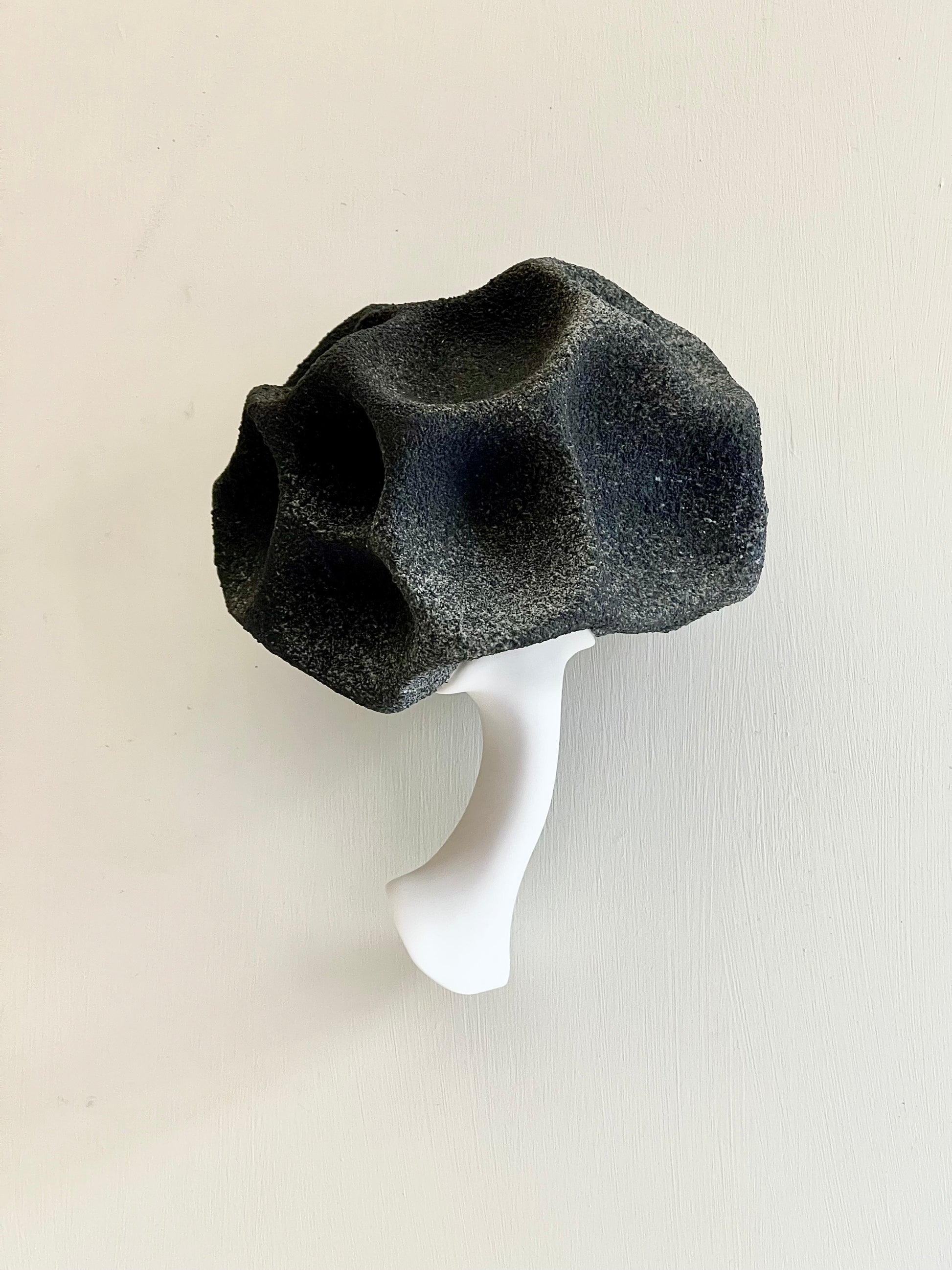 Front view of Crazy Wallflower — Black Spore, a handmade porcelain wall sculpture with a rough dark form and smooth white stem.
