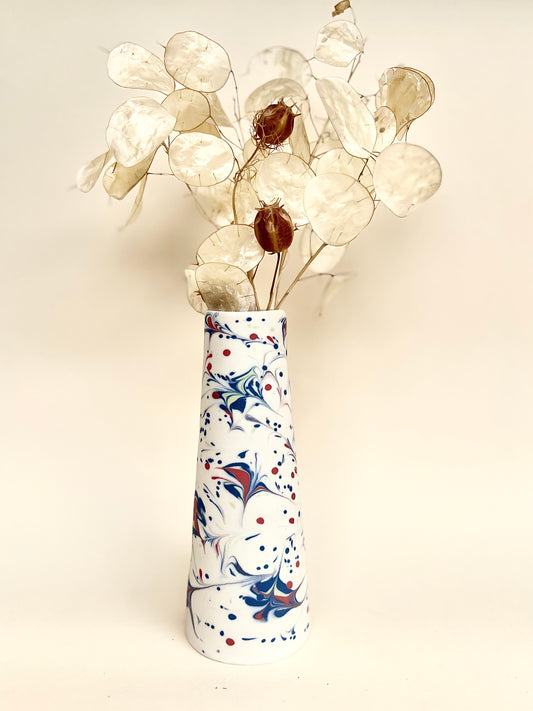 Conical vase - splash colors red, blue, pale green on white background