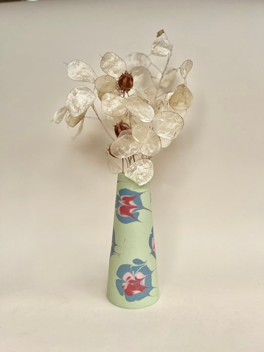 Conical vases - splash colors  red, pink and blue on green background