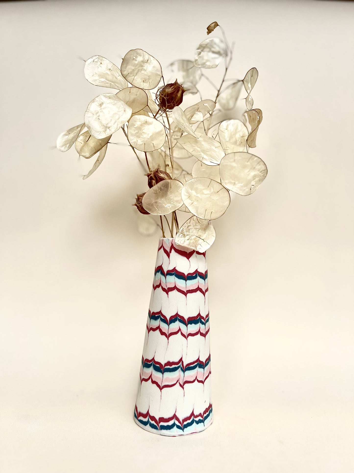 Conical vases - fishtail stripes red, pink, green on withe background