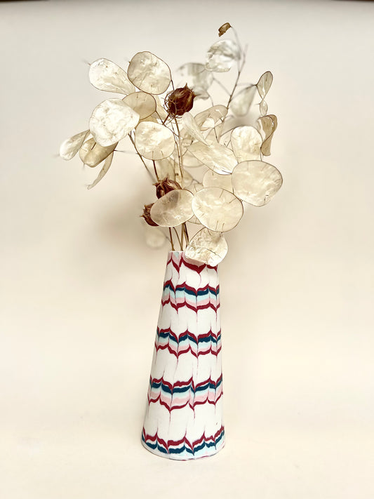 Conical vases - fishtail stripes red, pink, green on withe background