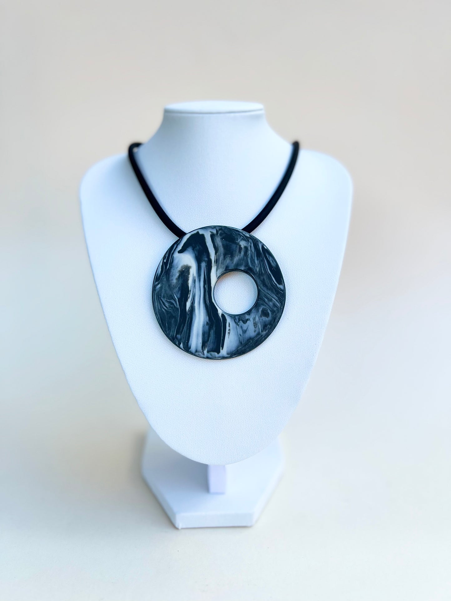 Black marbled porcelain necklace - handmade porcelain necklace, black and white