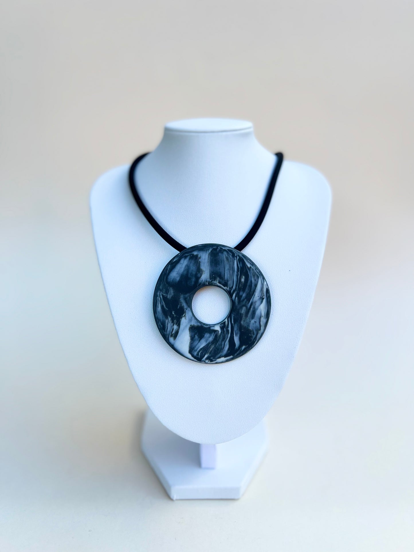 Black marbled porcelain necklace - handmade porcelain necklace, black and white