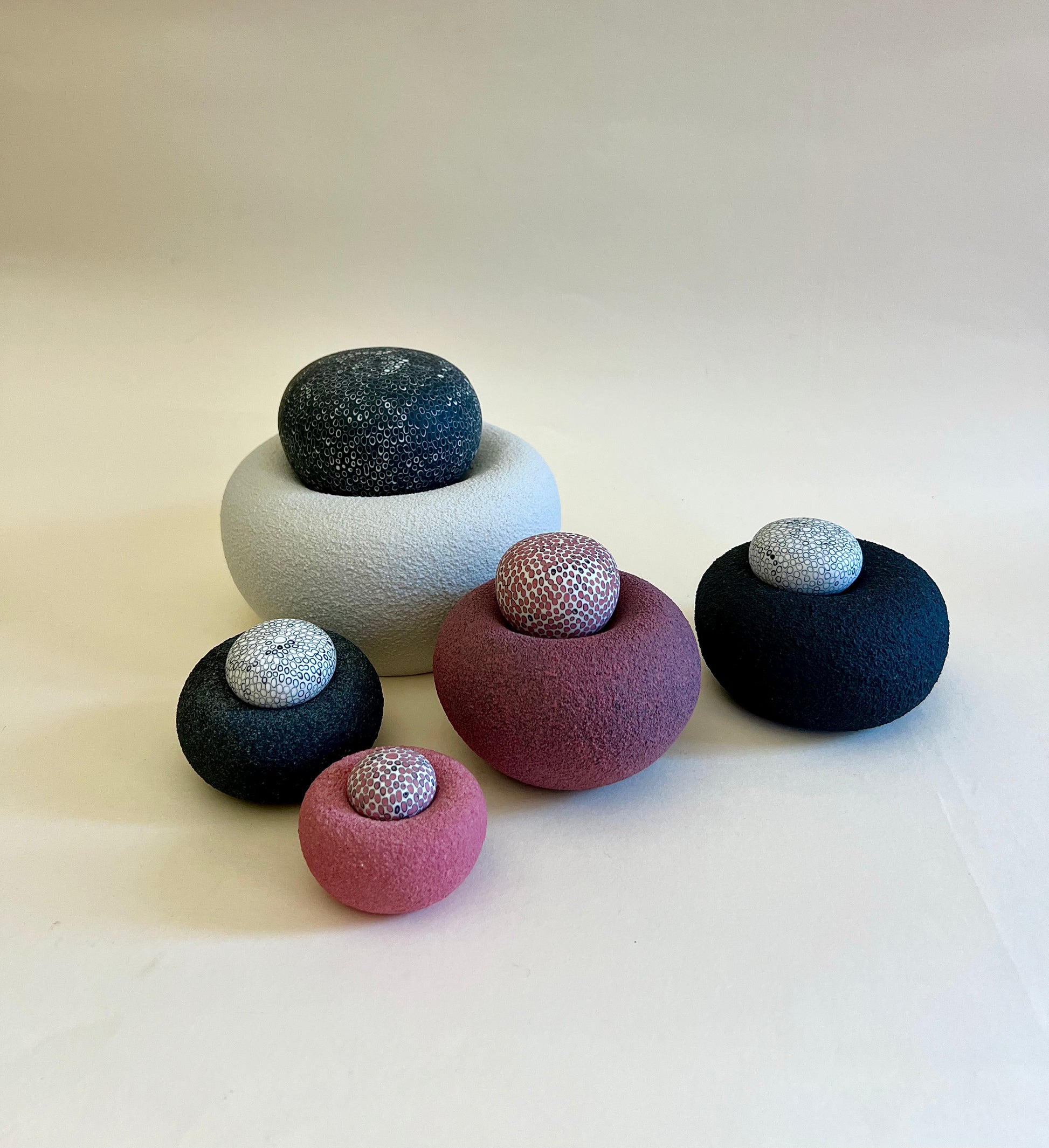 Top view of Nest II contemporary porcelain sculpture showing the arrangement of the five sculptural elements.